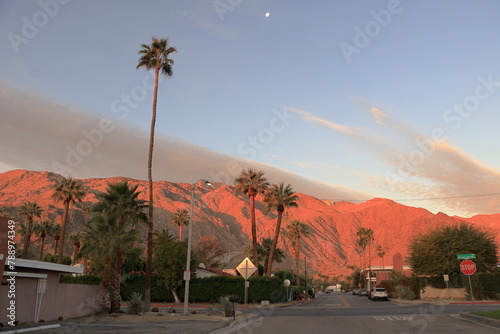 Early morning light on the San Jacinto mountains as seen from downtown Palm Springs in Southern California photo