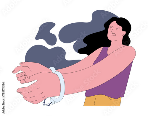 Fear of losing freedom. Scared and shocked woman with handcuffs or shackles