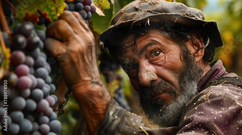 In the picturesque region of Galicia a day laborer carefully picks ripe Albarino wine grapes from a bountiful vine photo
