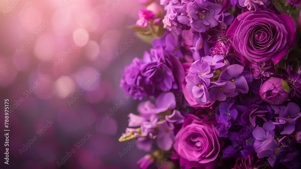Rich purple flowers for funeral, bottom text space, soft glow Rich purple flowers for funeral, bottom text space, soft glow