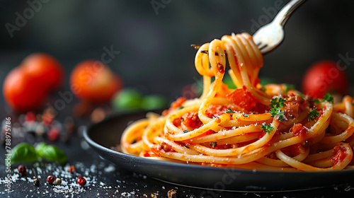 A fork is holding up spaghetti with tomatoes. photo
