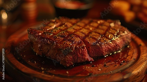 Juicy medium Beef Rib Eye steak slices in pan on wooden board. Generative Ai. 