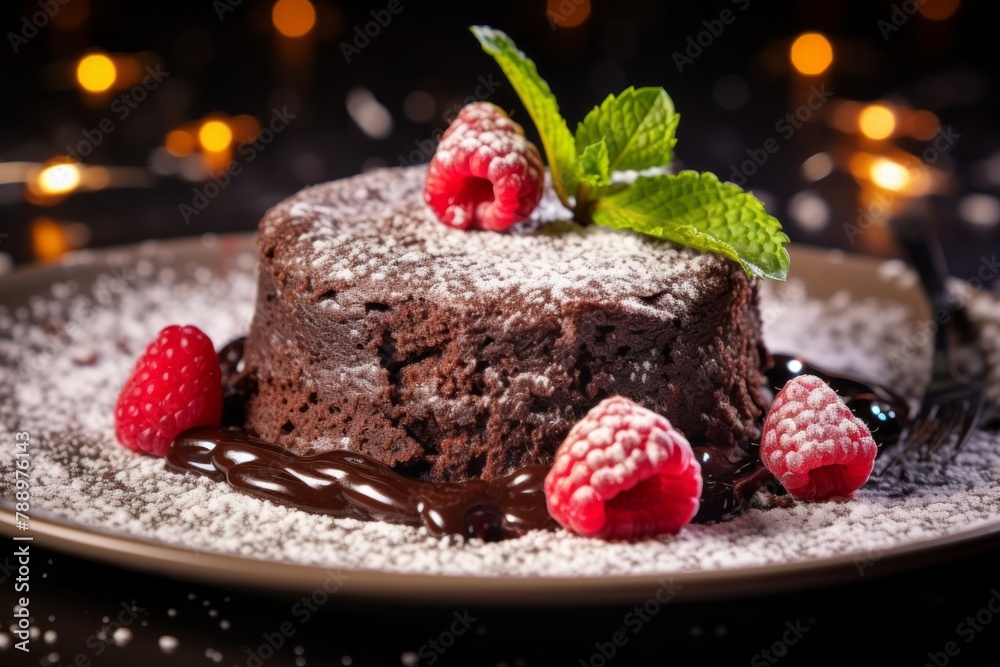 Luxurious molten cake adorned with raspberry and chocolate fondant served on a dish Luxurious molten cake adorned with raspberry and chocolate fondant served on a dish
