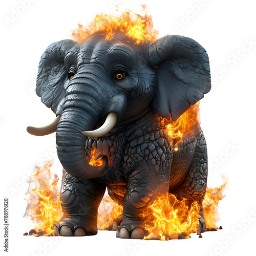 A 3D cartoon render of an elephant alerting villagers of a fire.