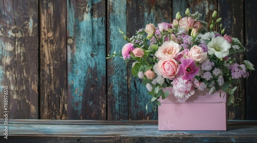 A gorgeous delicate flower bouquet displayed in a pretty pink box rests against a rustic wooden backdrop leaving room for text photo