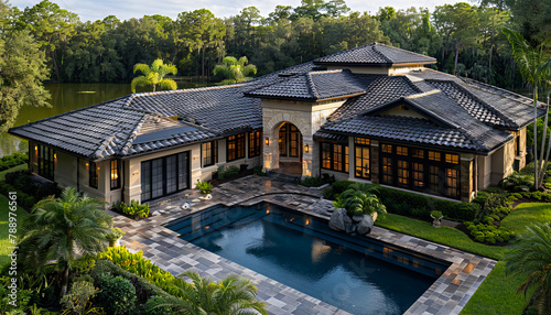 A large home with a pool and a lake. © VISUAL BACKGROUND