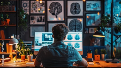 A neuroscientist studies detailed brain scans on a computer monitor in a cozy office space adorned with neurological diagrams.