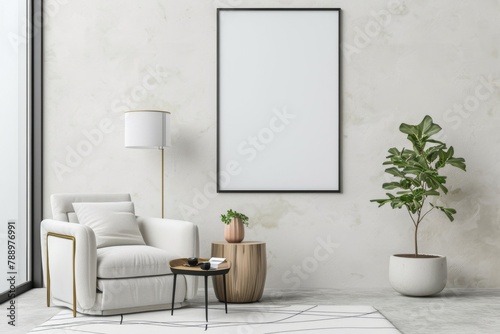 Scandinavian style living room with poster mockup created with generative ai