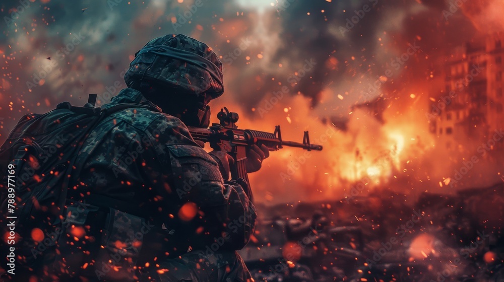 Naklejka premium A soldier in full gear is captured in a tense moment on the battlefield, with an explosion illuminating the background, signifying the chaos of war.