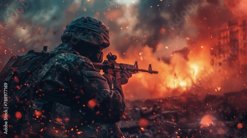 A soldier in full gear is captured in a tense moment on the battlefield, with an explosion illuminating the background, signifying the chaos of war. photo