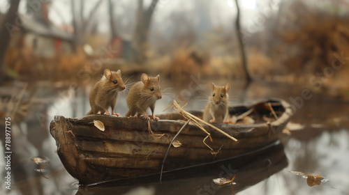 Flock of mice with attentive eyes comes out of their shelter during the spring flood © Mars0hod