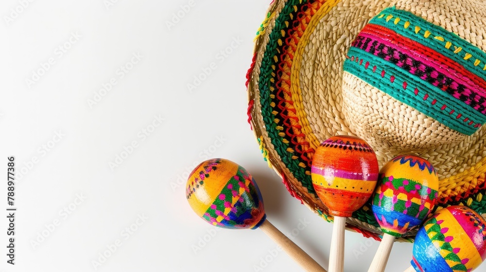 A colorful Mexican sombrero and a pair of vibrant maracas set against a clean white backdrop