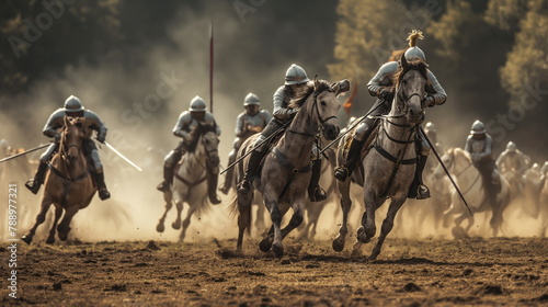 Warhorses rearing in defiance as knights charge forth with lances leveled