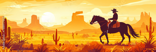 A cowboy rides on a horse through a desert landscape with cacti and mountains in the background.