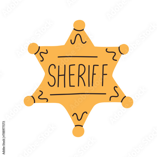 Sheriff badge isolated on white background. Vector illustration of a wild west police star. Hand drawn style.