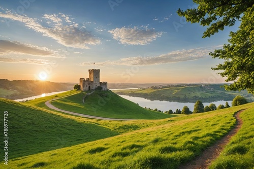 Green grassy hill in peaceful nature near ancient tower ruins with lake landscape on the background  at sunrise