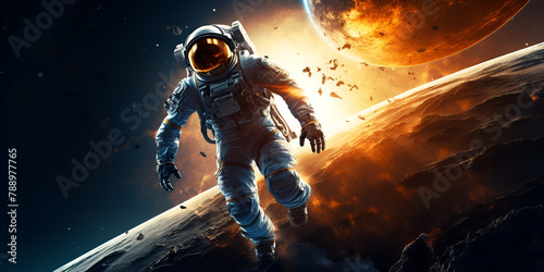 astronaut in space looking at earth futuristic exploration and universe on a lighted background
