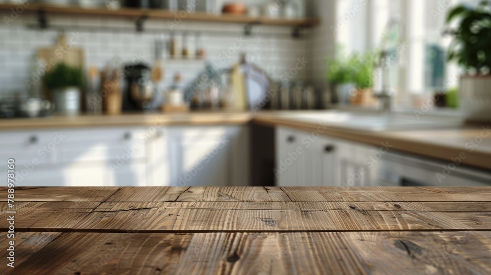 Empty wooden table and blurred background of modern kitchen. Ready for product display montage Empty wooden table and blurred background of modern kitchen. Ready for product display montage