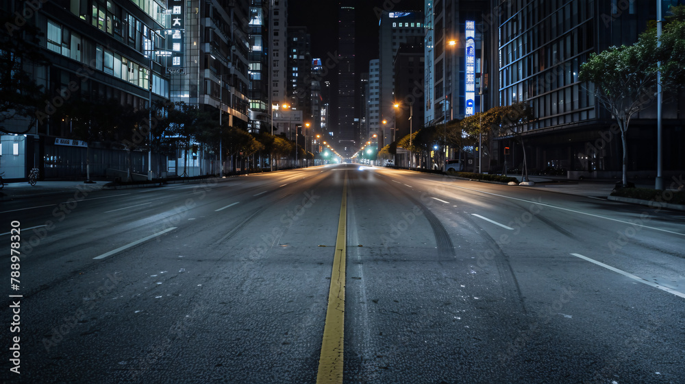 The streets lie empty under the watchful eyes of towering buildings, with the city's heartbeat muted in the stillness of the night.