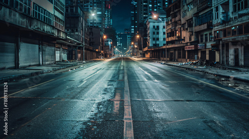 A wet and empty street cuts through a deserted urban landscape at night, with closed shopfronts and the distant glow of city lights.