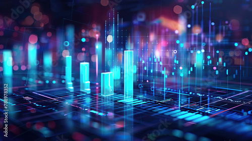 Perspective view of stock market growth, business investing and data concept with digital financial chart graphs, diagrams and indicators on dark blue blurry background