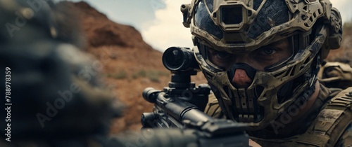 A cyborg soldier fighting in a warzone movie story seen trail cam footage, rear view, wide angle shot, a striking contrast against the soft, blurred background photo