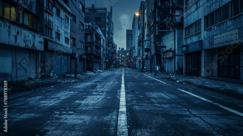Pre-dawn light casts a blue hue over an empty street lined with derelict buildings, a scene of urban decay and quiet solitude.