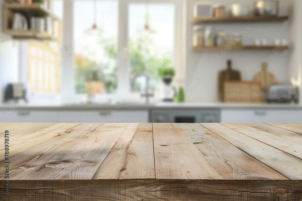 Empty wooden table and blurred background of modern kitchen. Ready for product display montage Empty wooden table and blurred background of modern kitchen. Ready for product display montage