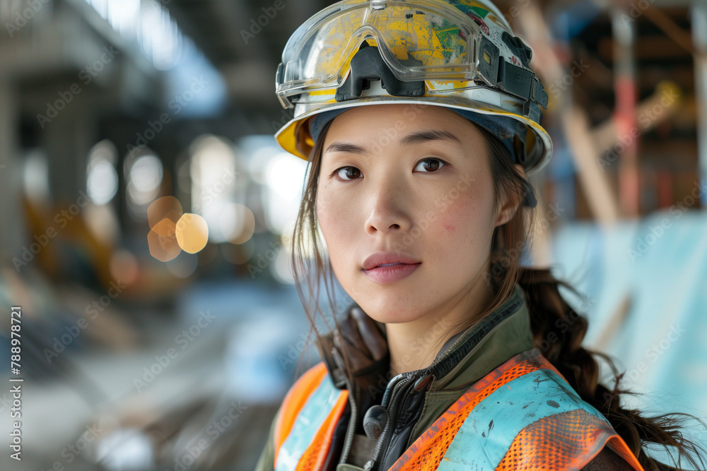 Asian female construction worker in hard hat and work clothes. Asian female construction worker in hard hat and work clothes.