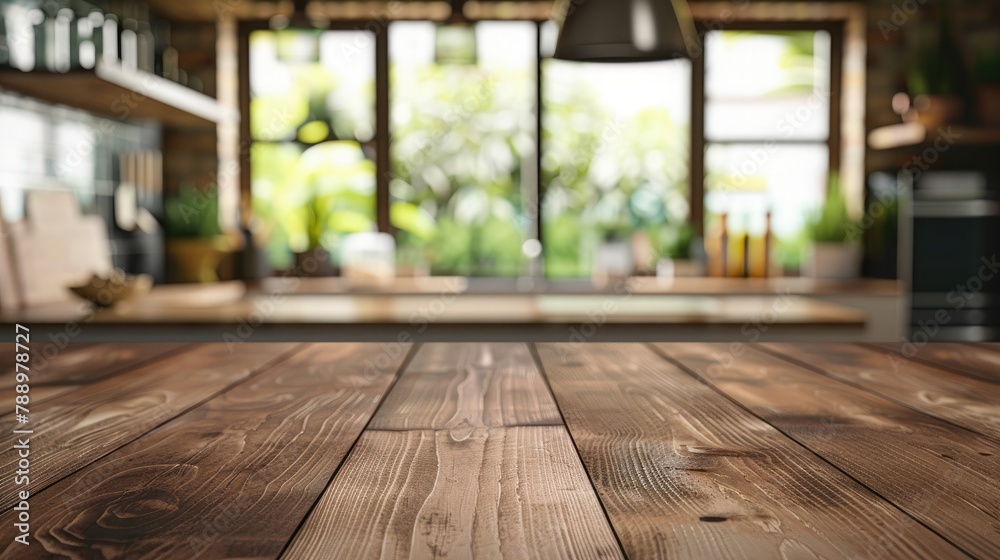 Empty wooden table and blurred background of modern kitchen. Ready for product display montage Empty wooden table and blurred background of modern kitchen. Ready for product display montage