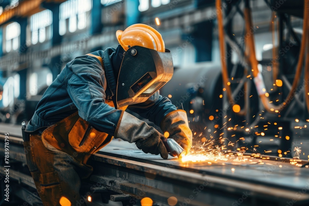 Industrial worker with protective mask welding steel structure in factory. Metalwork manufacturing and construction maintenance service concept Industrial worker with protective mask welding steel structure in factory. Metalwork manufacturing and construction maintenance service concept