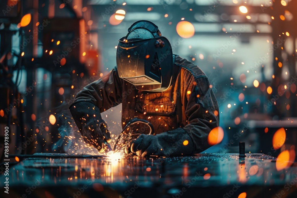 Industrial worker with protective mask welding steel structure in factory. Metalwork manufacturing and construction maintenance service concept Industrial worker with protective mask welding steel structure in factory. Metalwork manufacturing and construction maintenance service concept