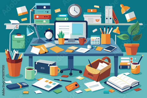 A cluttered desk with scattered papers and office supplies, AI generated