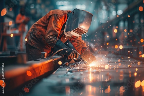 Industrial worker with protective mask welding steel structure in factory. Metalwork manufacturing and construction maintenance service concept