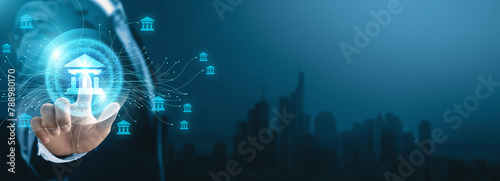 E-governance technology, Businessman touching digital global network of government data exchange. Digital transformation on every connection with e-governance. Future of e-governance.