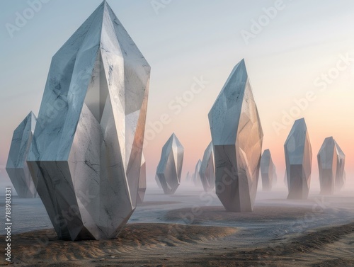 A group of large, white sculptures in the desert. Generative AI. photo