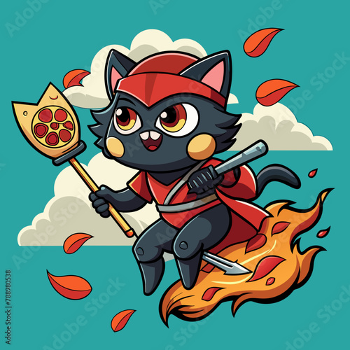 Ninja cat riding a flying pizza slice  wielding a spatula as a weapon