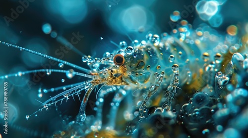 A close up of a shrimp with water droplets on it. Generative AI.