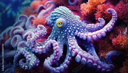 An octopus is swimming in a sea of colorful coral. Generative AI.