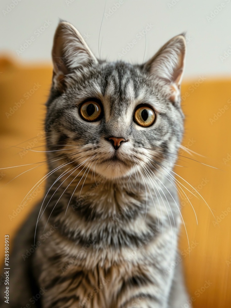 A close up of a cat sitting on top of the couch. Generative AI. A close up of a cat sitting on top of the couch. Generative AI.
