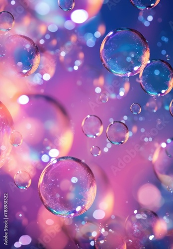A close up of bubbles floating in a colorful background. Generative AI.