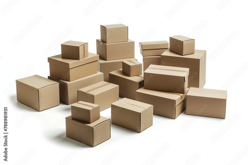 a realistic collection of cardboard boxes, varying in sizes isolated white background a realistic collection of cardboard boxes, varying in sizes isolated white background