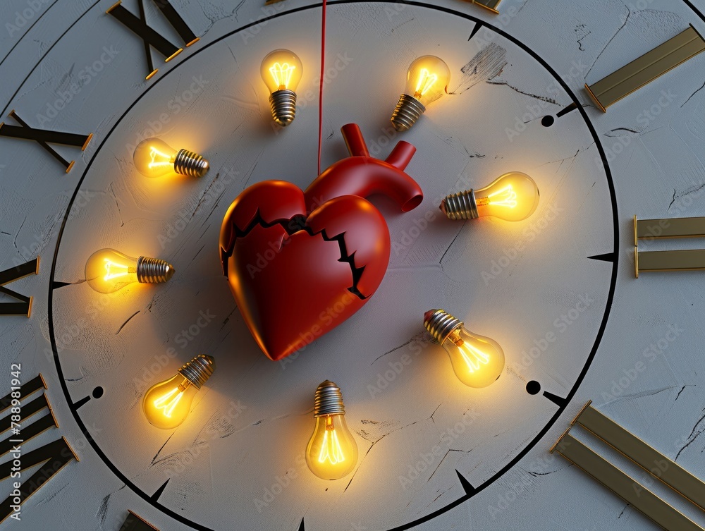 A heart pulsing within a clock face, with idea bulbs lighting up around ...