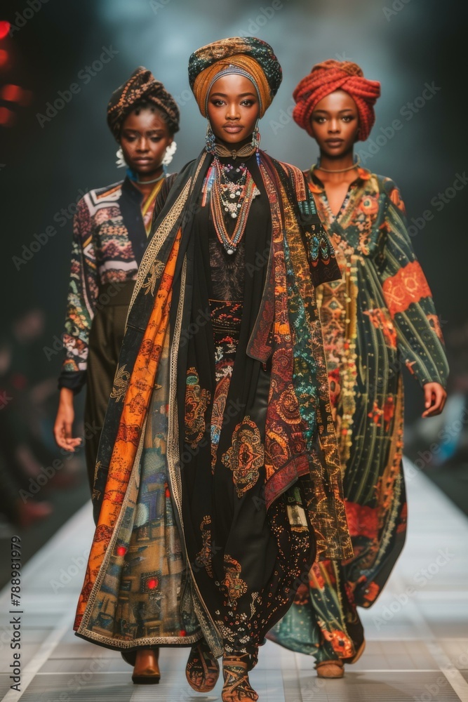 Three women walking down a runway wearing african clothing. Generative AI.