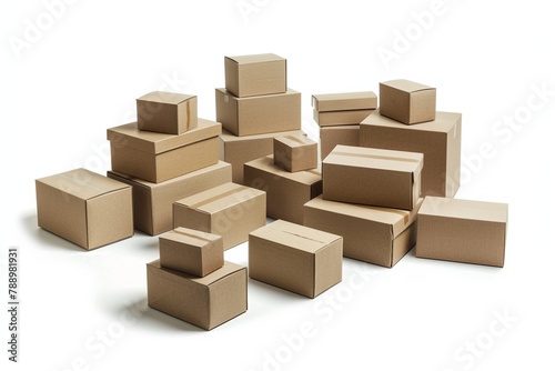 a realistic collection of cardboard boxes  varying in sizes isolated white background