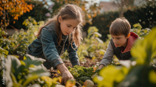 Young smiling girl working at garden and digging out fresh green lettuce, garden expert is teaching group of teenage student.