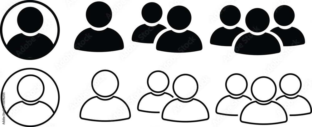 People line and flat icons set. Team of workers. User profile symbol. Group of people. Group of users collection. Persons symbol. Mans or male. Crowd of humans. partnership businessman network member