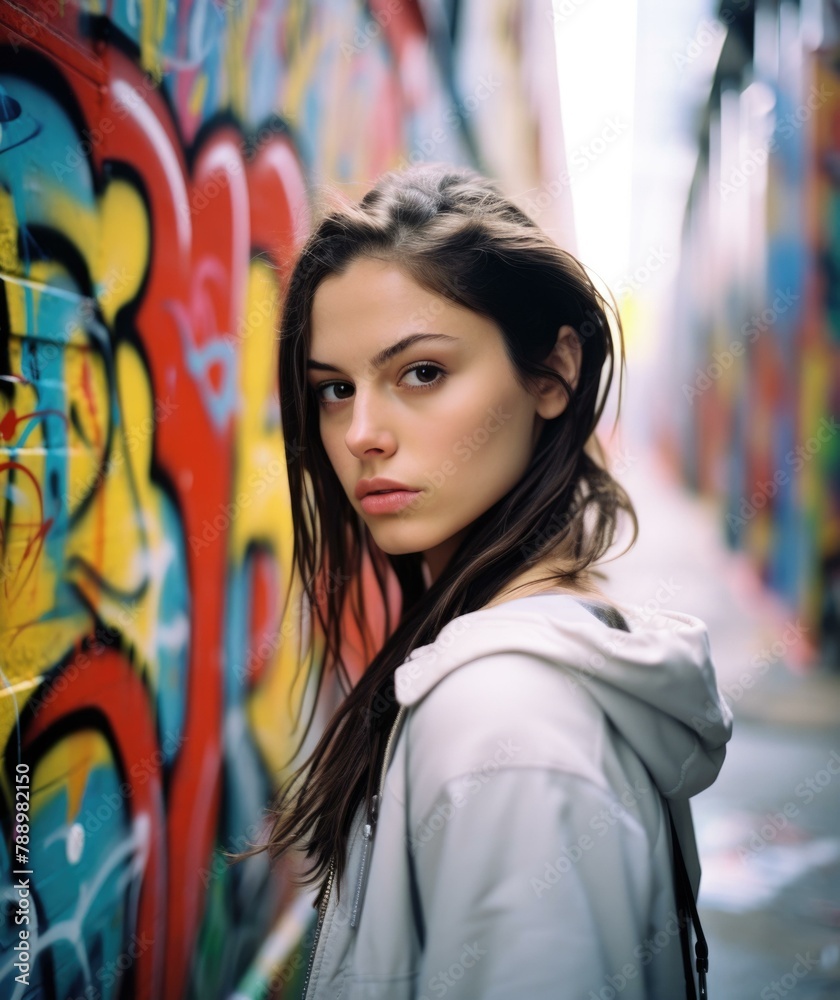 A woman standing in front of a graffiti covered wall. Generative AI.