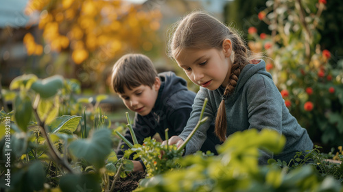 Young smiling girl working at garden and digging out fresh green lettuce, garden expert is teaching group of teenage student.