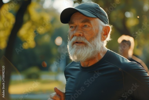 A man with a beard and hat running in the park. Generative AI.